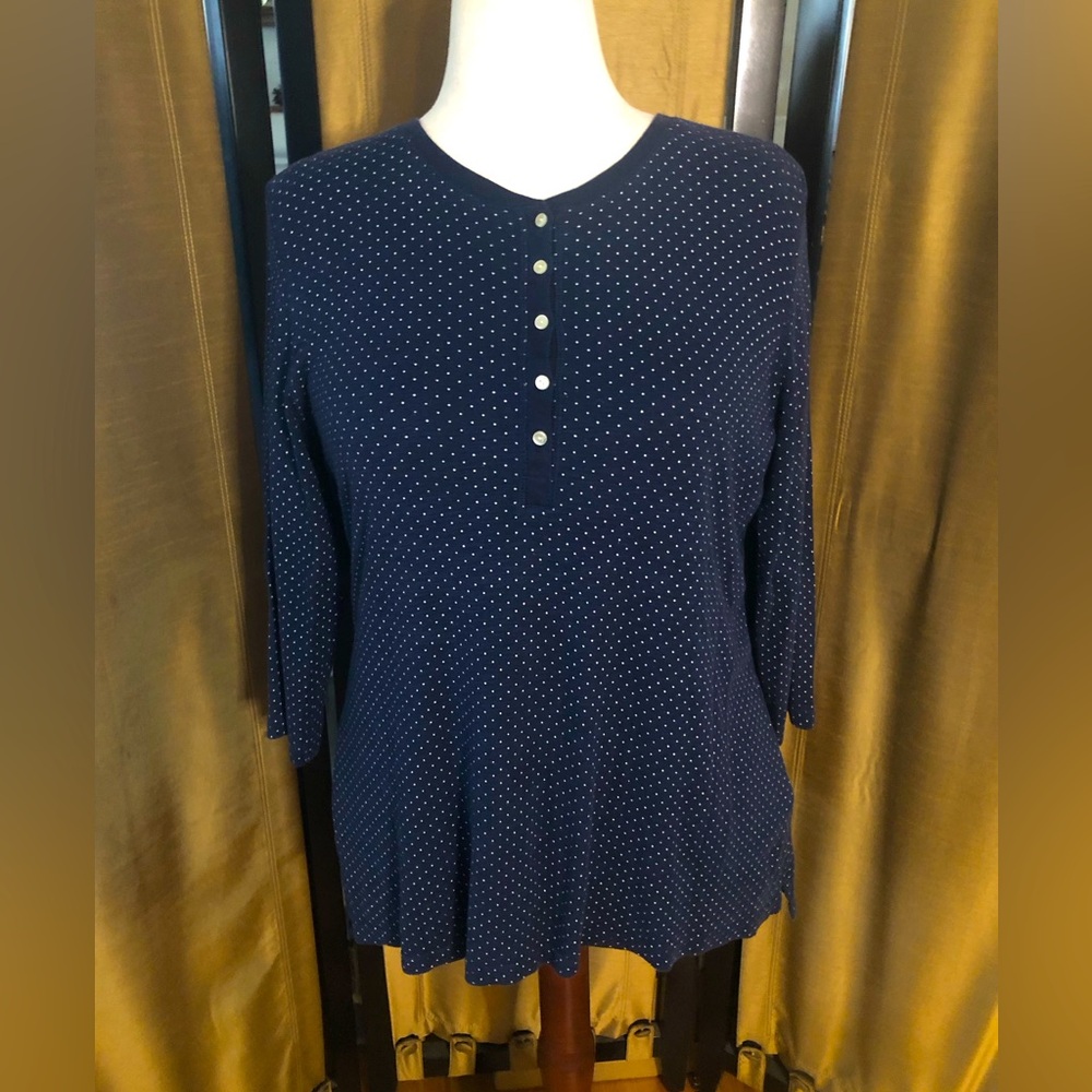 CHAPS Navy Polka Dot MidSleeve Top